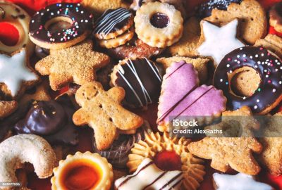 Close up of mixed Christmas cookies as background